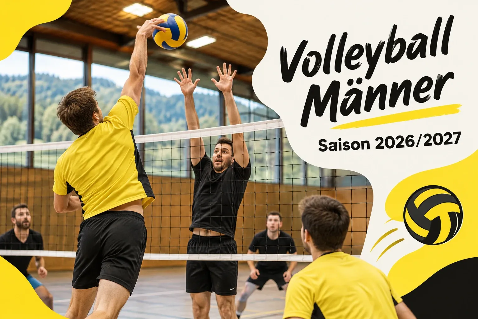 Volleyballspieler in Aktion am Netz; Banner zur Saison 2026/2027
