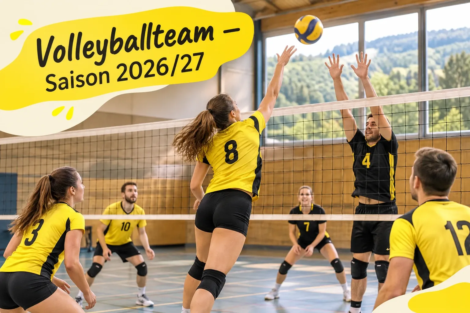 Volleyballteam in der Sporthalle; Überschrift: Volleyballteam – Saison 2026/27